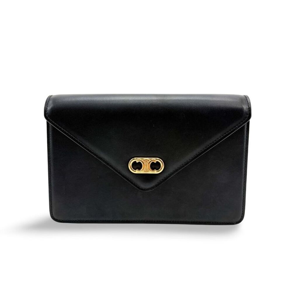 Celine Vintage Triomphe Leather Envelope Clutch Black